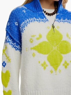 White Knit 1/2 zip Sweater with Blue Yoke and Lime Green Floral Motif